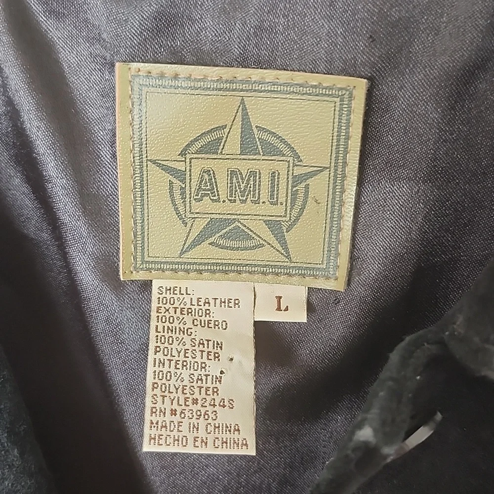 Vintage AMI black genuine leather button up jacket, satin lined, women's large